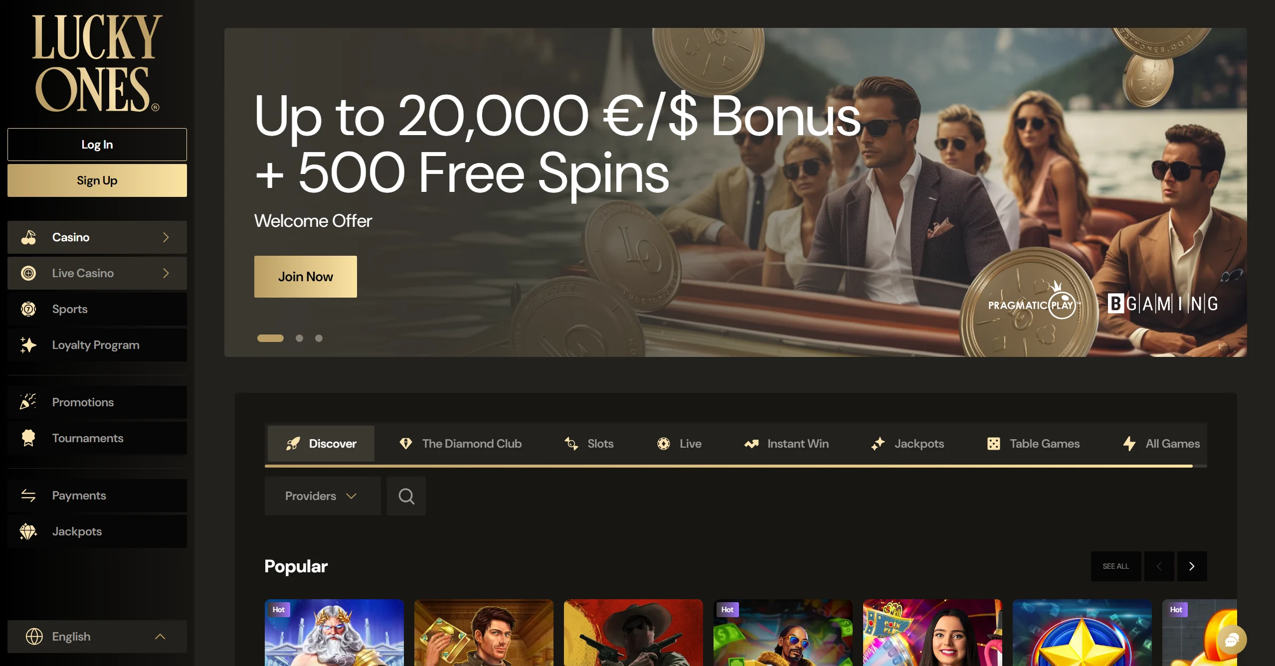 LuckyOnes homepage with huge bonus and free spins